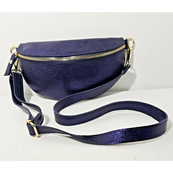 Tourance Italy Metallic Blue Genuine Leather Waist Pack Fanny Pack NWOT - Picture 1 of 8